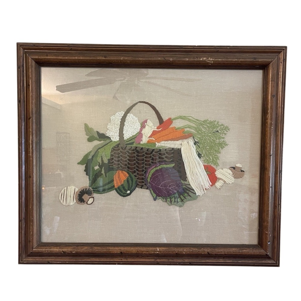 Vtg Vegetable Garden Crewel Complete Framed 70's Mushrooms carrots kitchen 20x24